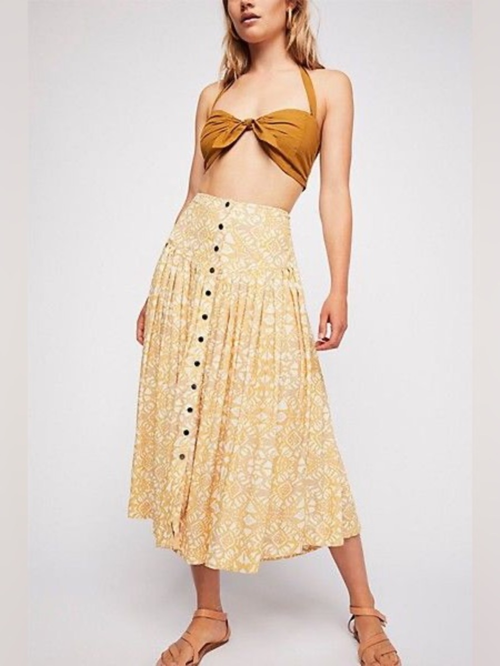 Free People Mustard Yellow Patterned Button-Front Midi Skirt